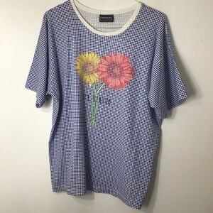 Vintage Tompkins Ave Tshirt women 18 plaid floral checker plaid blue white Fleur
